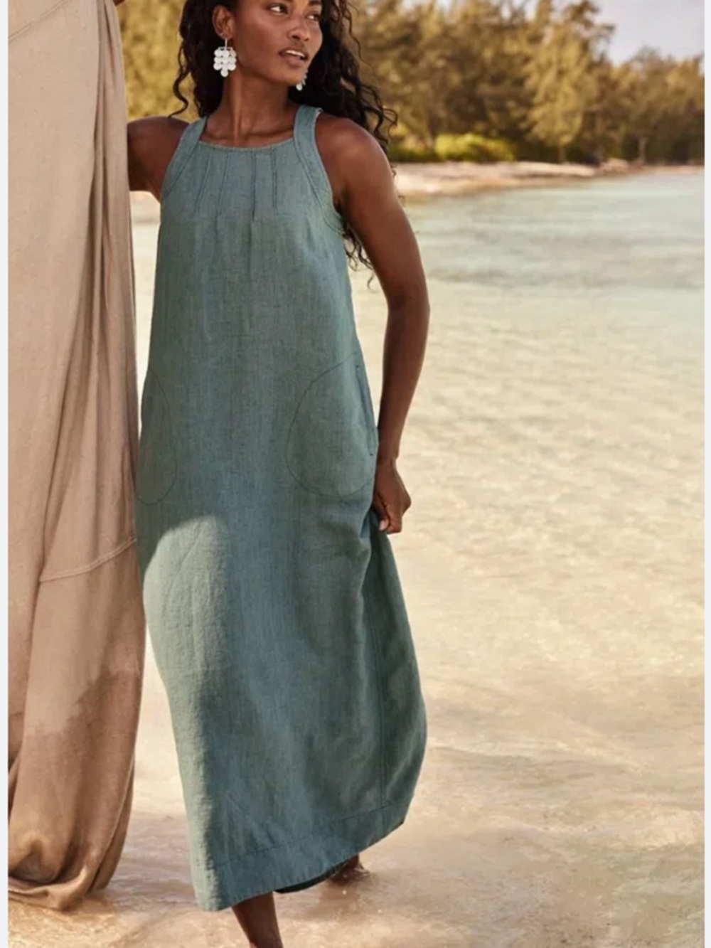 Pure Jill Pintucked  Linen Dress in Steel Blue
